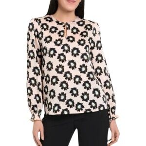 Ted Baker Classic Floral Long Sleeve Crew Neckline Blouse Medium Pale Pink Black